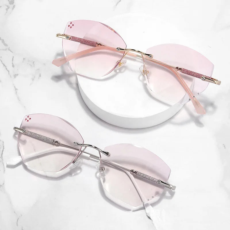 Cut Border Blue Light Reading Glasses Pink Presbyopia Glasses Frameless Women Ultra Light Gradient Purple Diamond Lenses