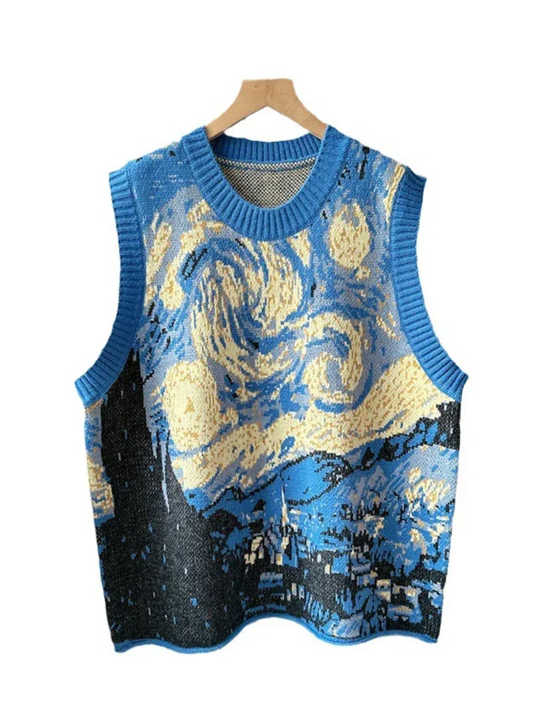 Vintage Oil Painting Sweater Vest For Women Contrast O-neck Elastic Pullovers Knitted Tank 2024 Autumn Winter New