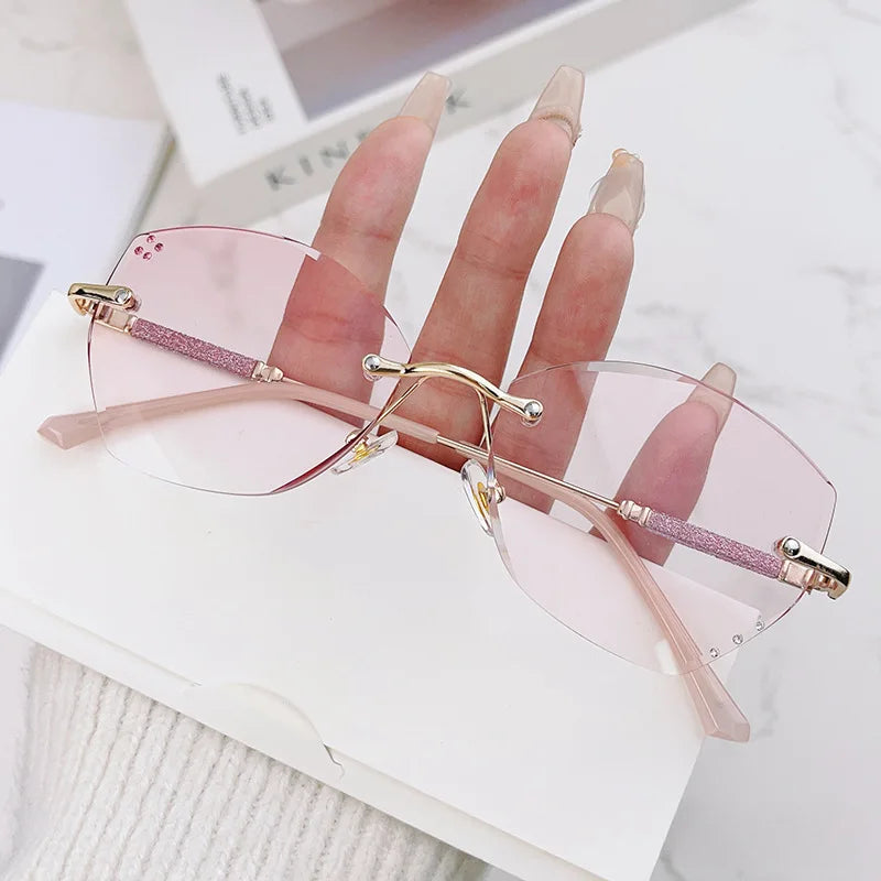 Cut Border Blue Light Reading Glasses Pink Presbyopia Glasses Frameless Women Ultra Light Gradient Purple Diamond Lenses