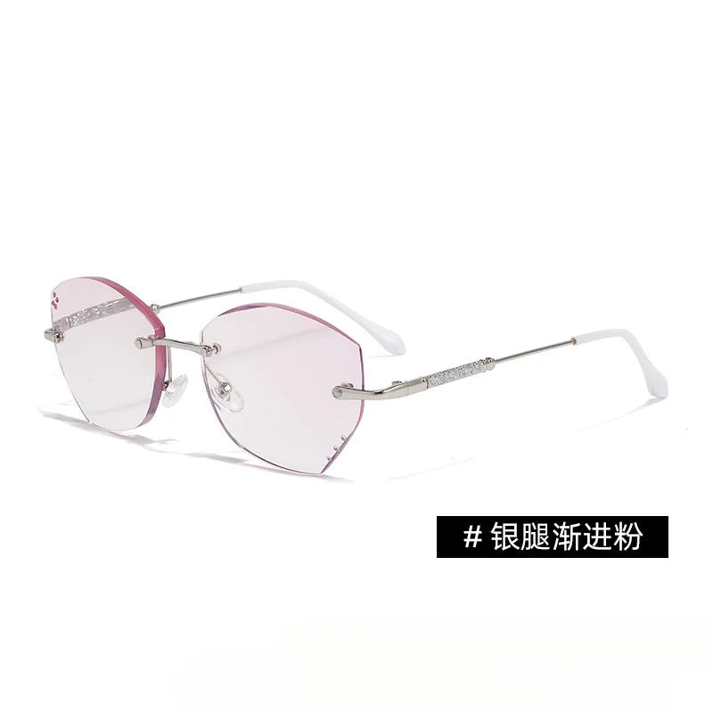 Cut Border Blue Light Reading Glasses Pink Presbyopia Glasses Frameless Women Ultra Light Gradient Purple Diamond Lenses