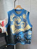 Vintage Oil Painting Sweater Vest For Women Contrast O-neck Elastic Pullovers Knitted Tank 2024 Autumn Winter New