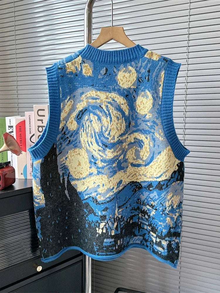 Vintage Oil Painting Sweater Vest For Women Contrast O-neck Elastic Pullovers Knitted Tank 2024 Autumn Winter New