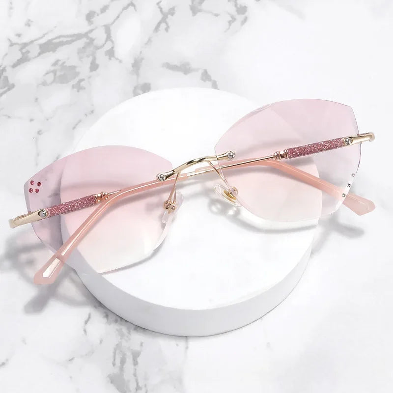 Cut Border Blue Light Reading Glasses Pink Presbyopia Glasses Frameless Women Ultra Light Gradient Purple Diamond Lenses